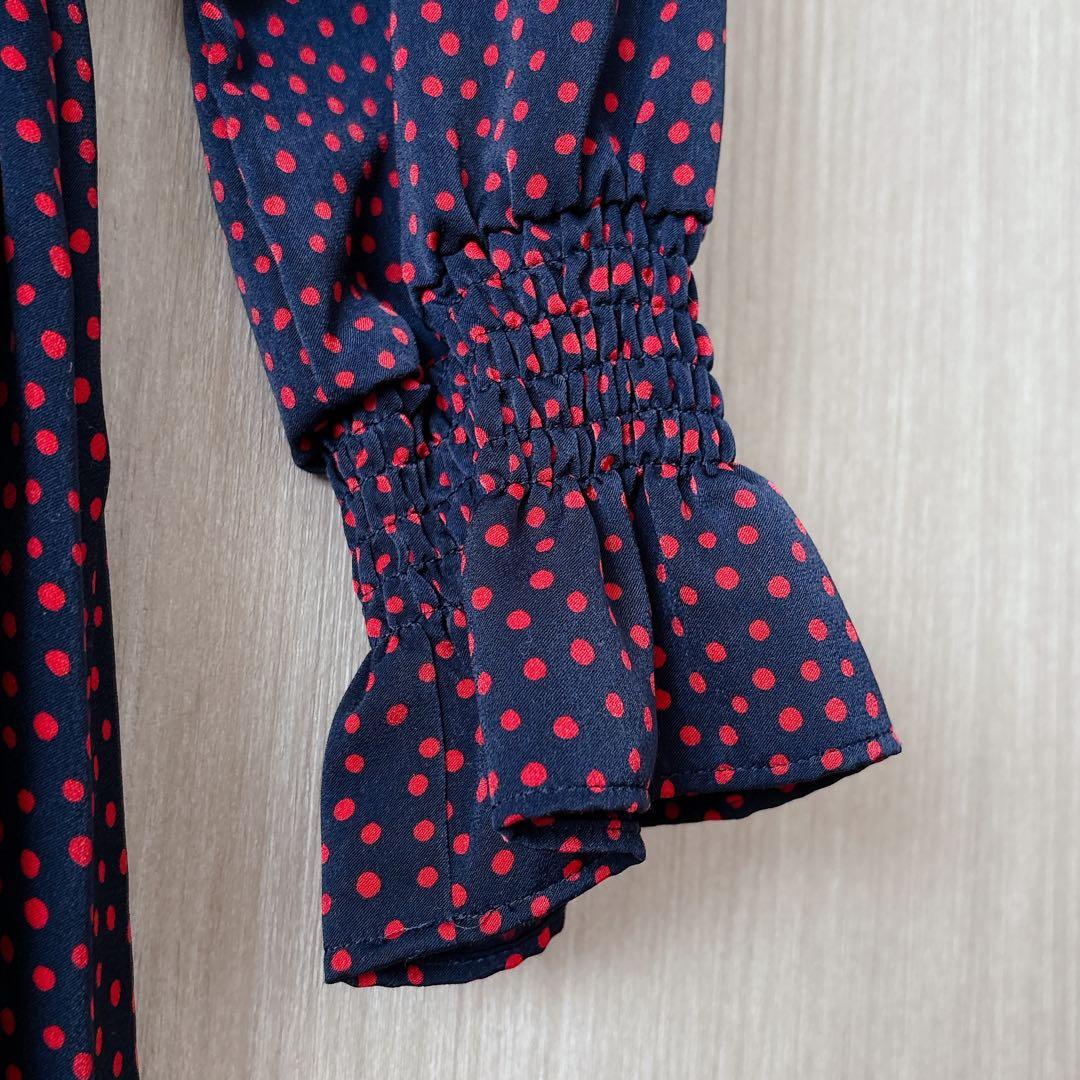 【846】アナイ　サテンドットプリントシャーリング　ワンピース　濃紺　赤　36