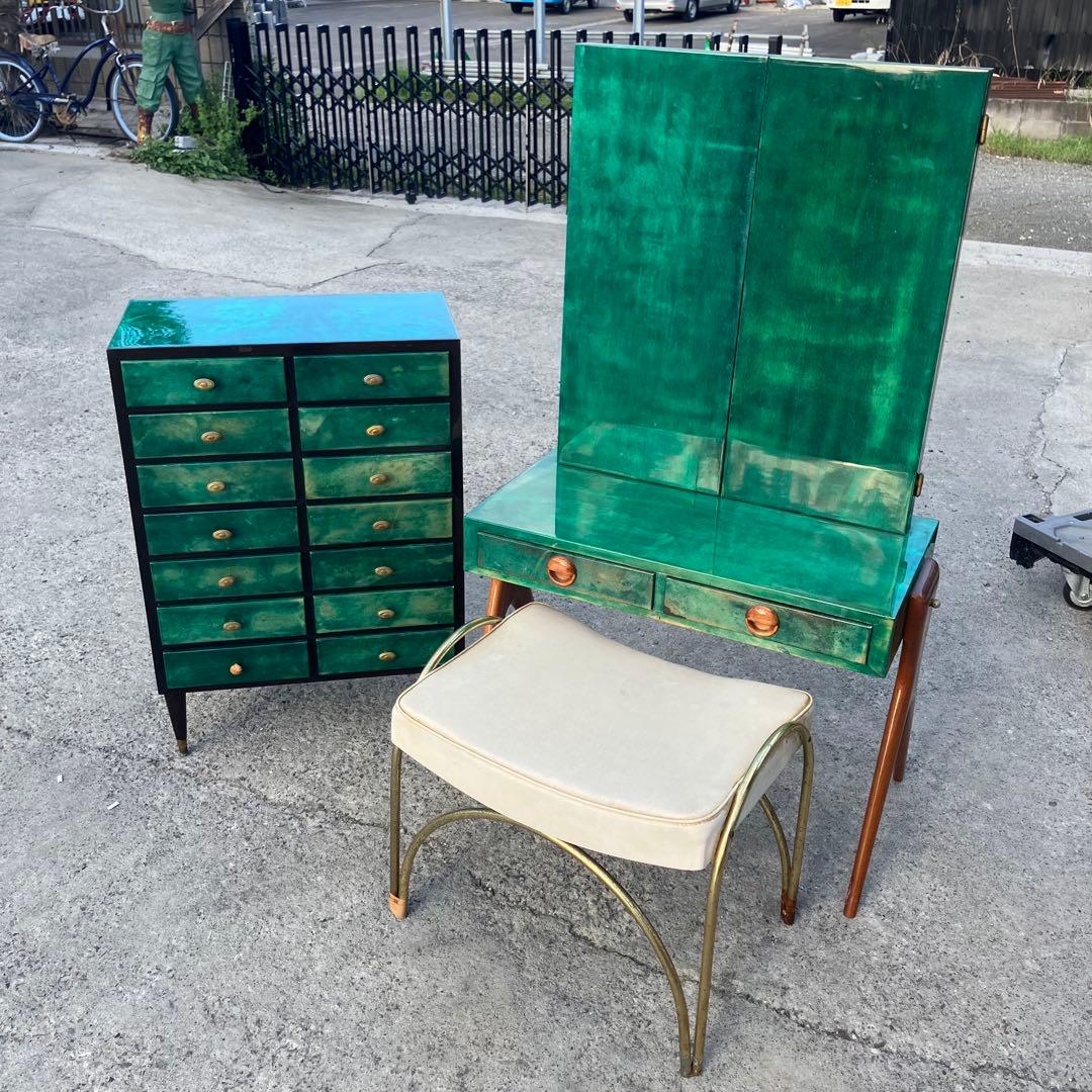 フランス家具 三面鏡 木製ドレッサー スツールセット 鏡台 引き出し収納 古家具