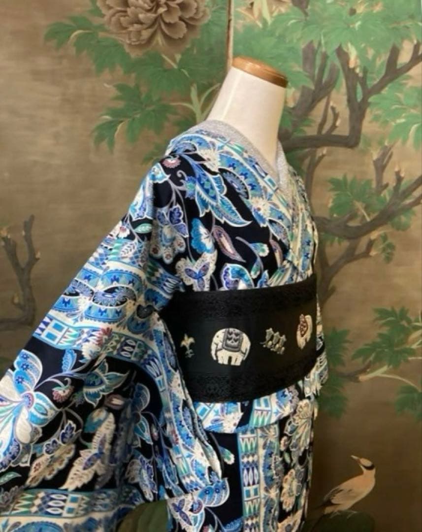 ターコイズ浴衣　更紗柄　エキゾチック変わり織り　単衣　浴衣　帯プレゼント付き