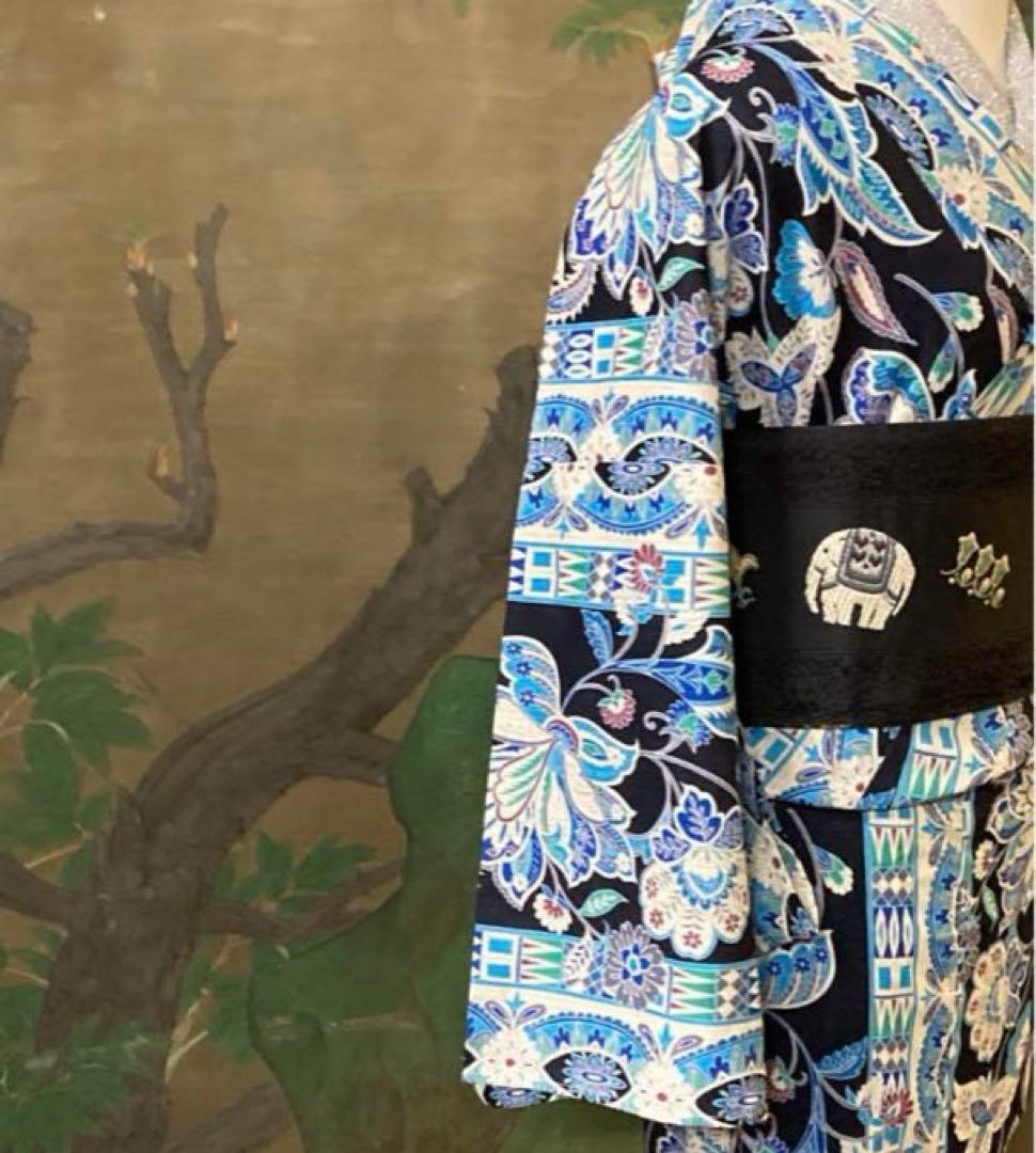 ターコイズ浴衣　更紗柄　エキゾチック変わり織り　単衣　浴衣　帯プレゼント付き