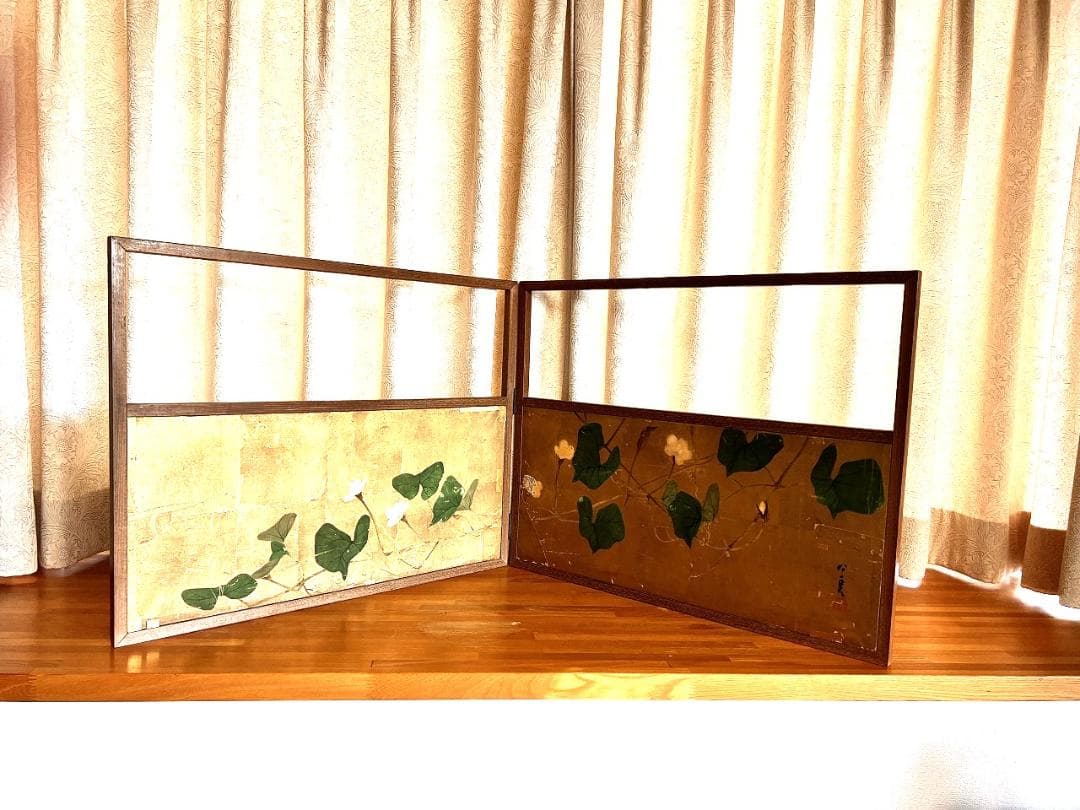 風炉先屏風　金屏風　上田公長　銘あり　明治時代　朝顔図 直しあり