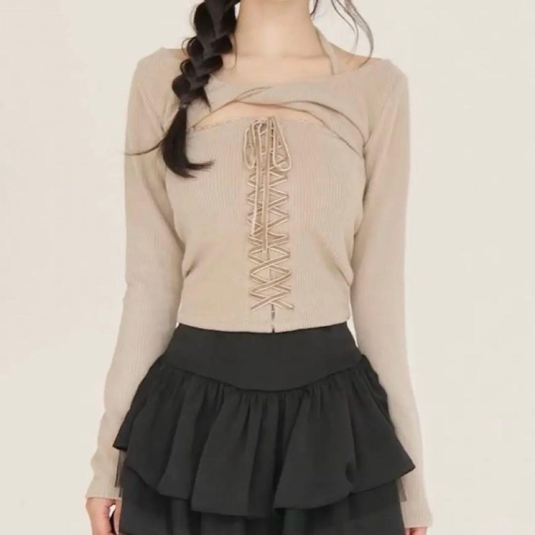 トップス yilon Velour laceup knitsew