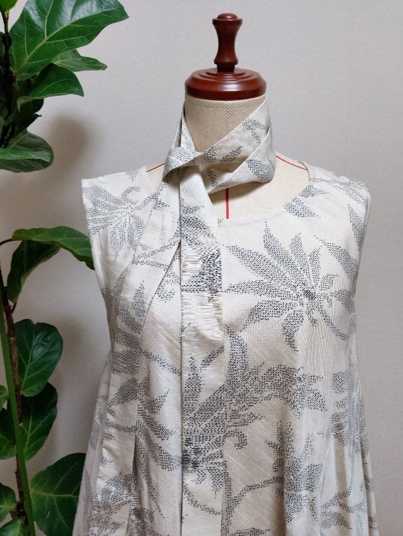 着物リメイク☆紬フレアーワンピース☆正絹ストールリボン2本付き☆