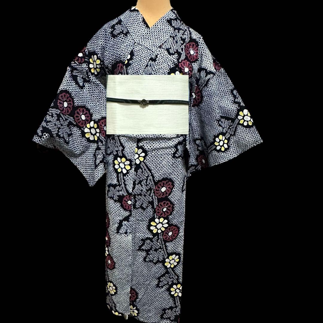 ★有松鳴海絞り浴衣‼️濃紺系　総絞り　手絞り　綿　クリーニング済