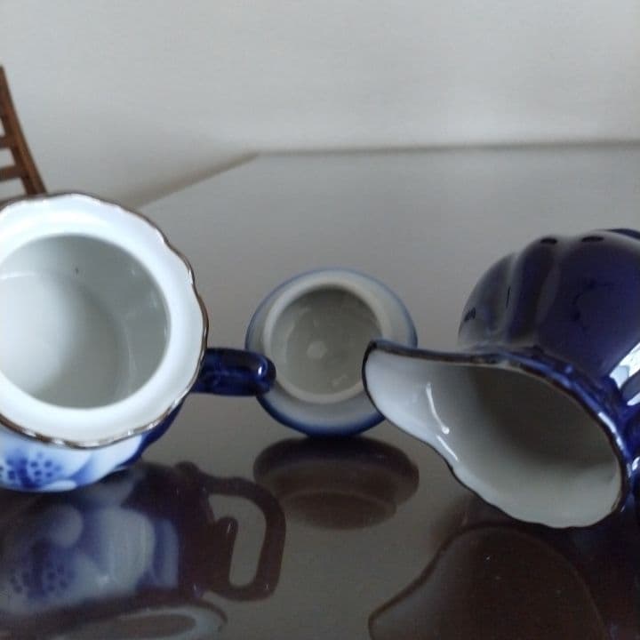 昭和レトロ⭐︎瑠璃色花模様のティーセット5点⭐︎新品未使用⭐︎手描きビンテージ