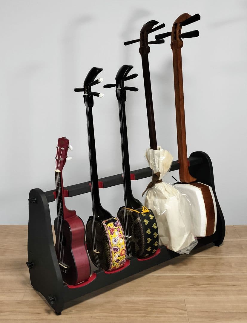 ♪手作り　三味線用スタンド木製 5丁並び　細棹　津軽　三線　教室にも♪