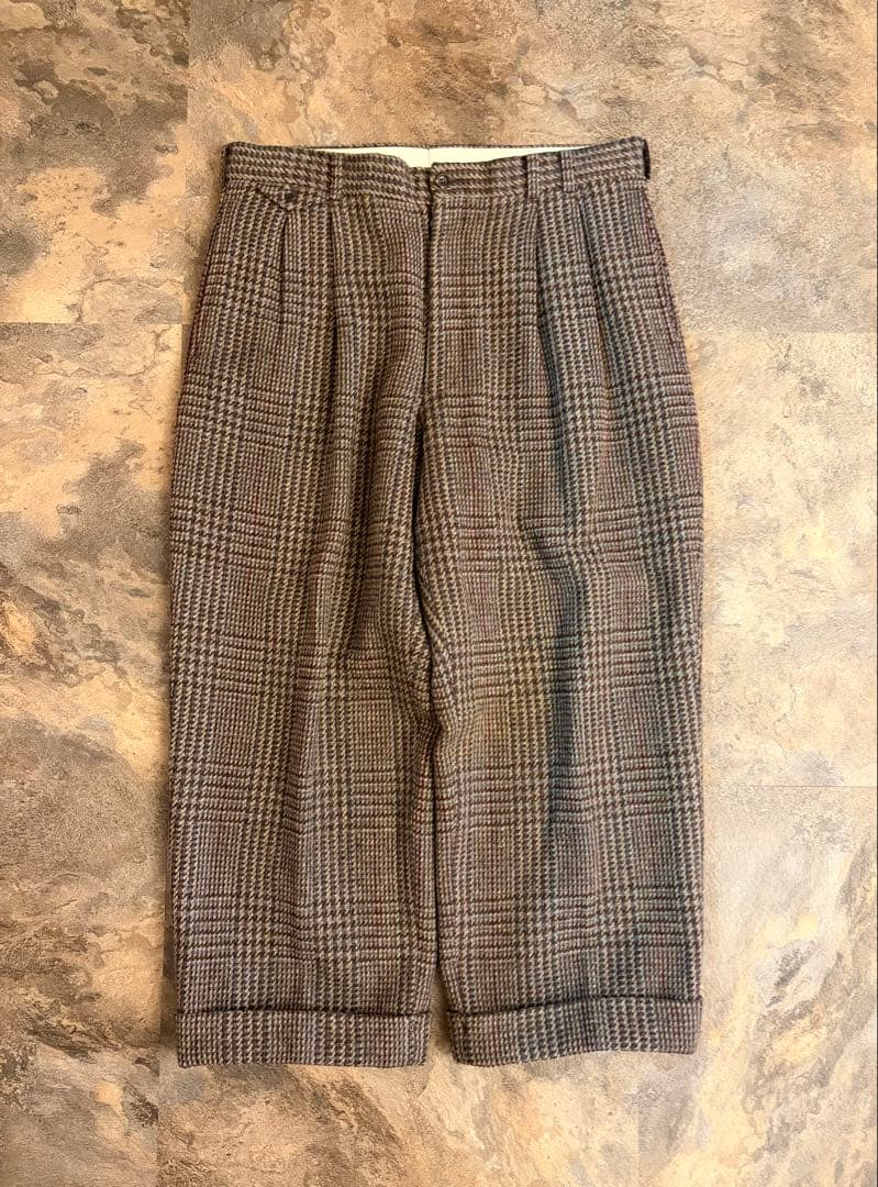 90s PAPAS パパス 2タック ウールパンツ ブラウンチェック W34