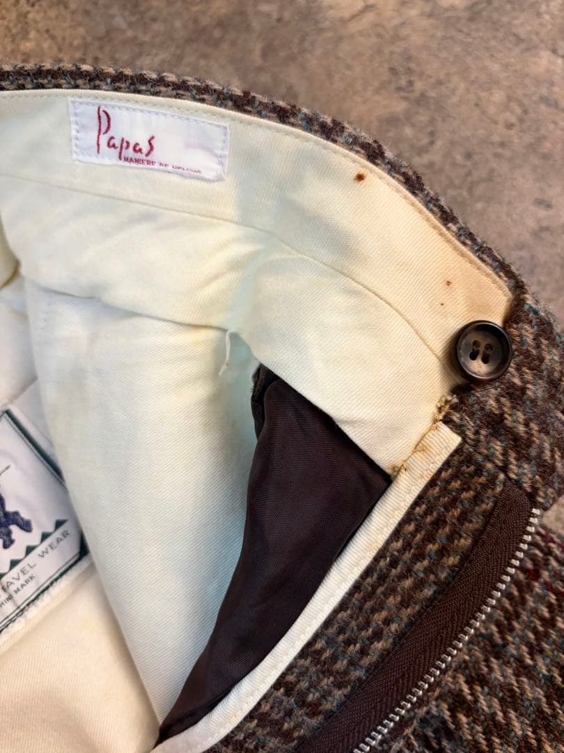 90s PAPAS パパス 2タック ウールパンツ ブラウンチェック W34