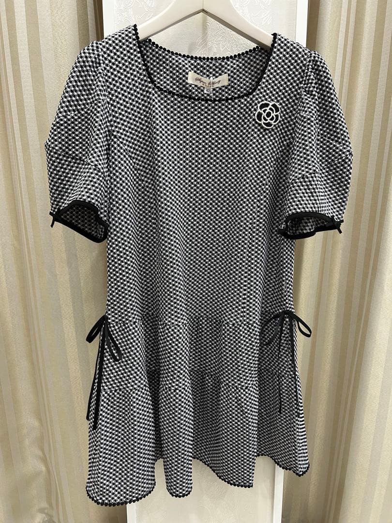 S68: あいページ❣️ギンガムチェック チュニック 半袖ブラックサイズ42