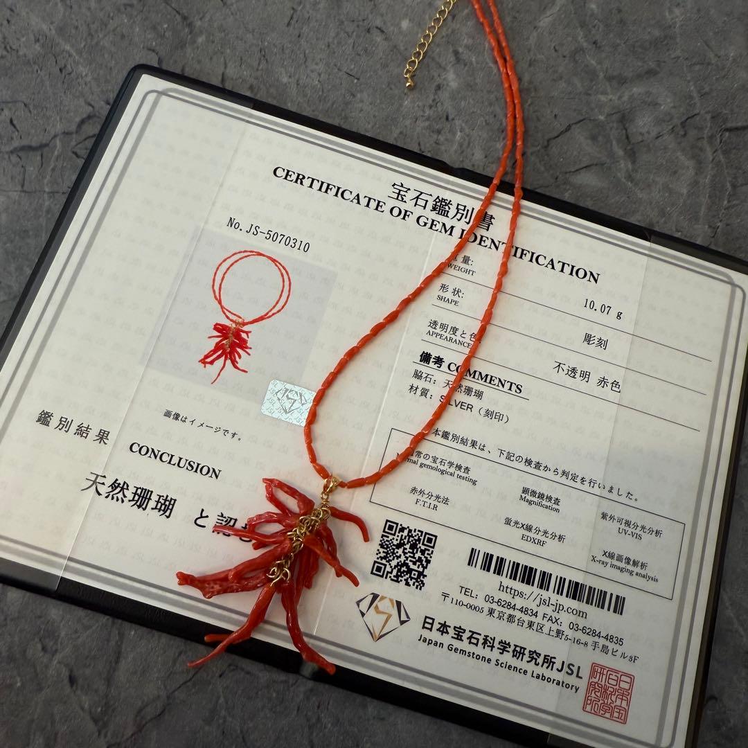 鑑定書付き　天然赤珊瑚のペンダントネックレス　地中海珊瑚　無染色