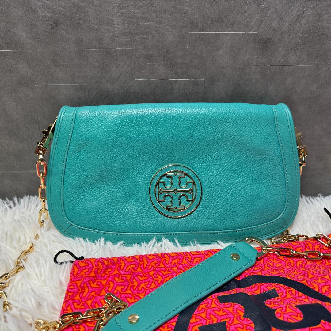 美品⭐︎トリーバーチ ショルダーバッグ　パーティ　チェーン　保存袋付き　ターコイズ