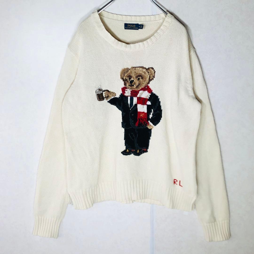 【超大人気】ラルフローレン ポロベア デカロゴ ニット セーター 白 Mサイズ