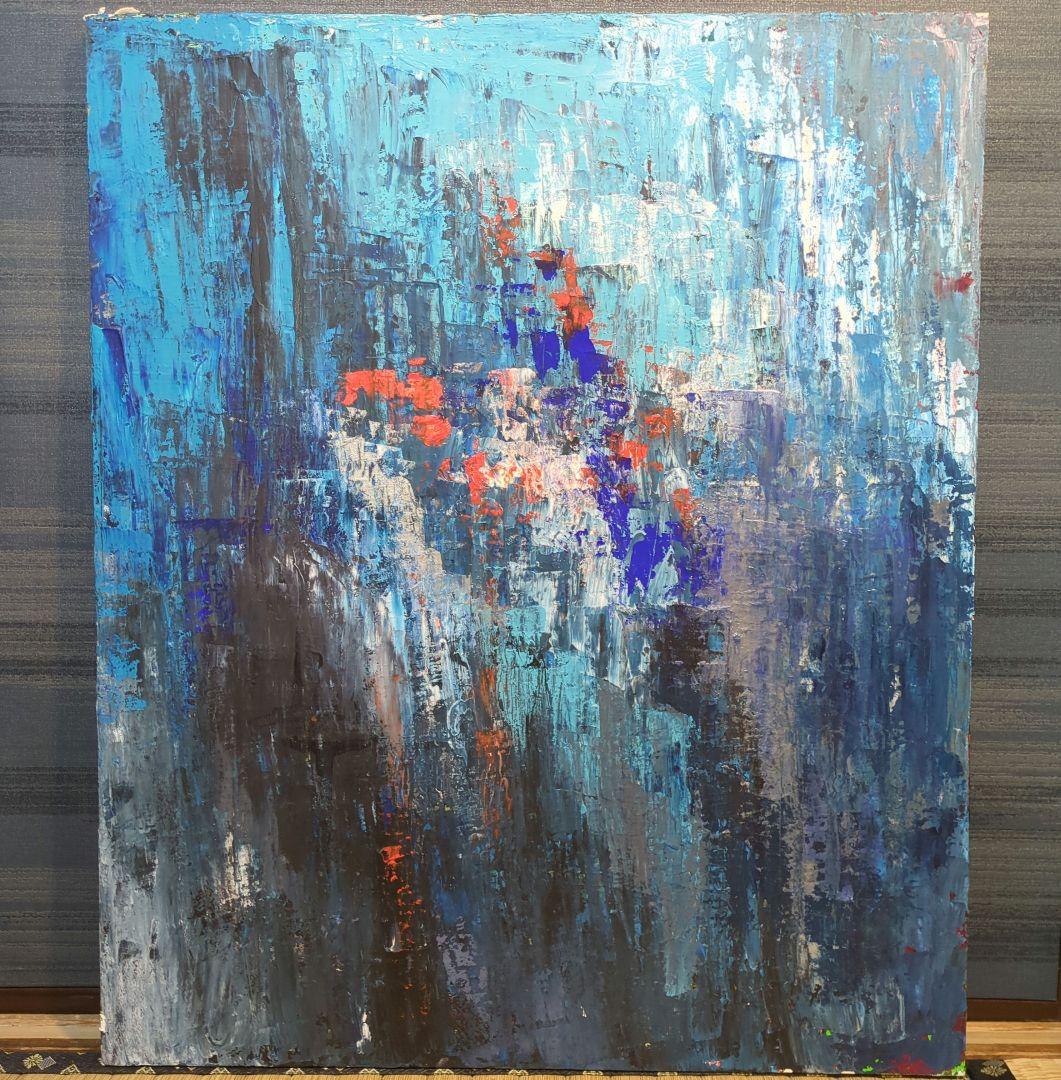 抽象アクリル画 青とオレンジ