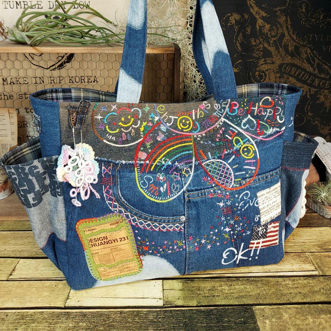 【Kal】大きな刺繍デニムバック　No.625　デニムリメイク