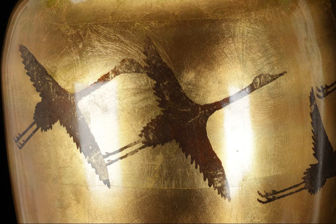 大型 漆塗 金地花瓶 鶴図 秋草文様 高さ62cm 花器 飾壺 古美術品 骨董品