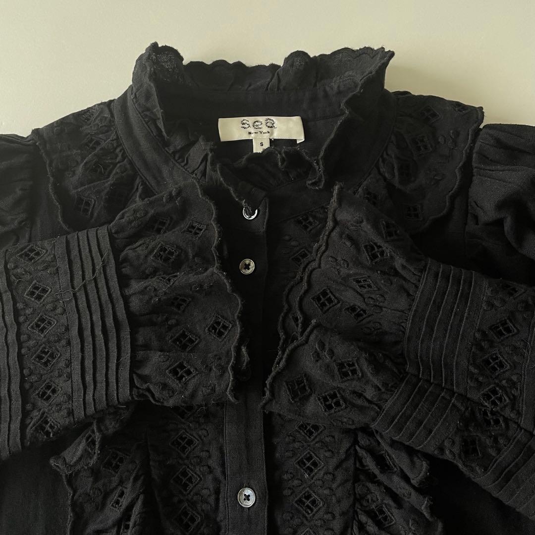 Sea NEW YORK カットワークレースブラウス　フリル刺繍　ブラックS