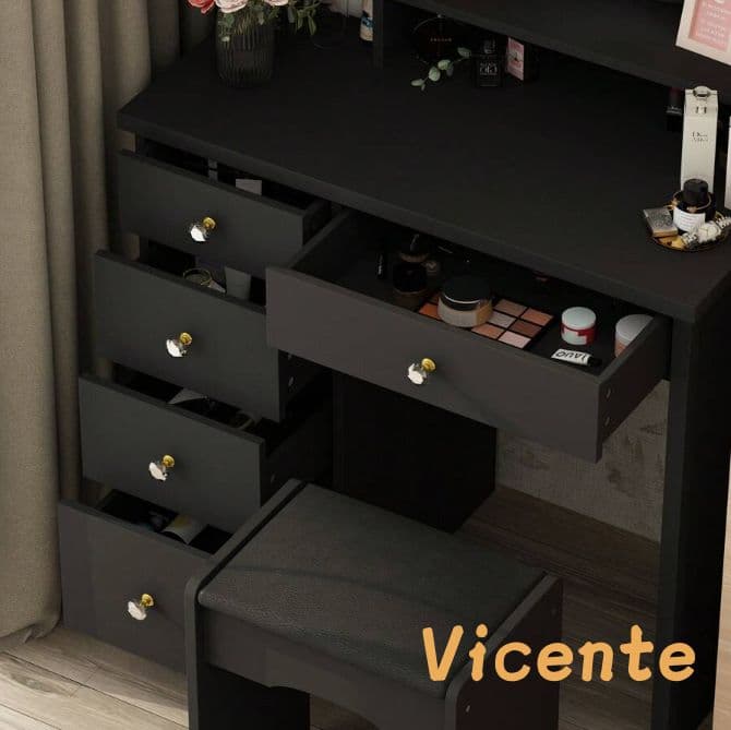 北欧風ドレッサー 円形女優ミラー 引き出し 5 杯 スツール付き 寝室化粧台