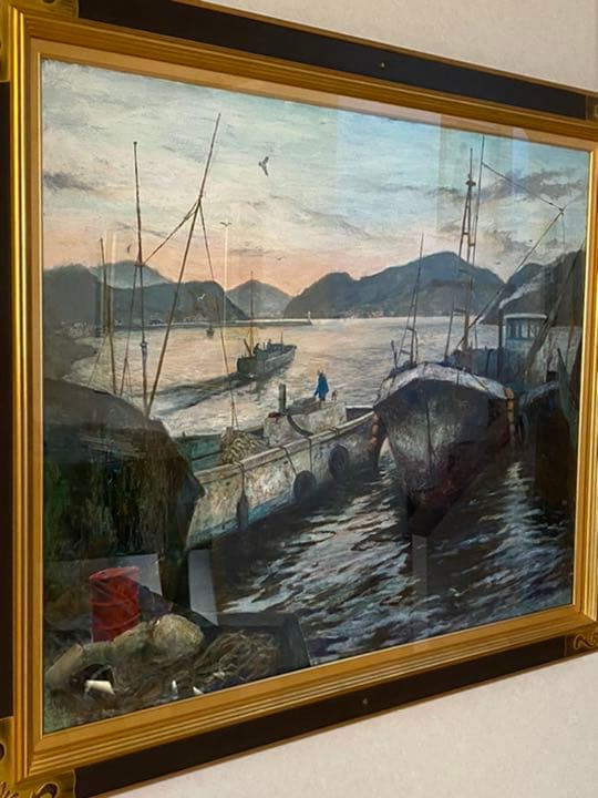 絵画　久保田宏　油絵　朝の漁港　特大F50 名画　巨大　額縁　芸術品　油彩　作品
