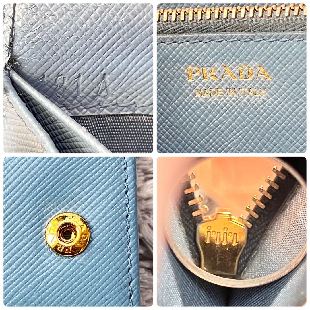良品✨PRADA メタルバー　メタルロゴ　長財布 サフィアーノ　水色　レディース
