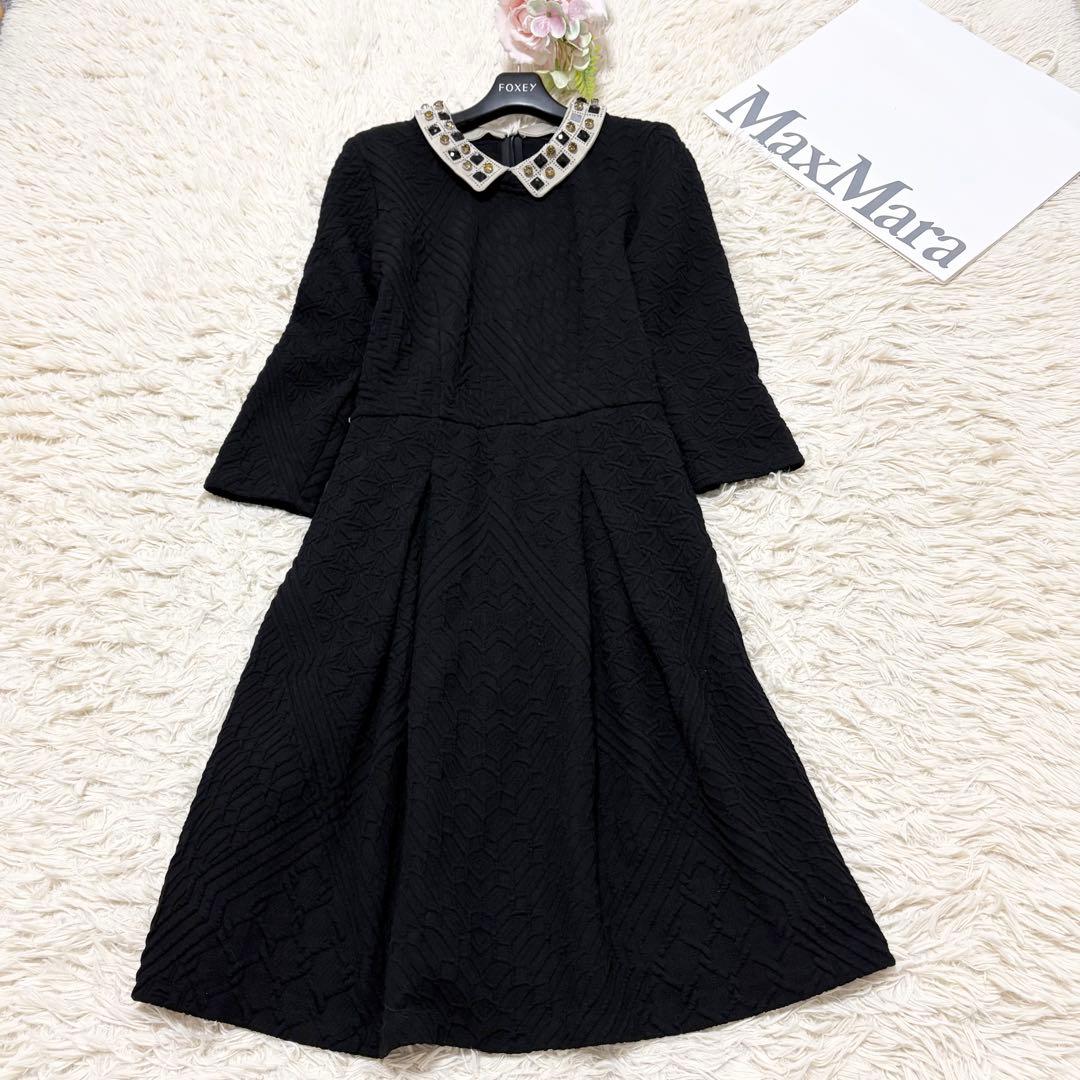 美品✨Max&Co 2wayビジュー襟ジャガードワンピース　Aライン　黒　M