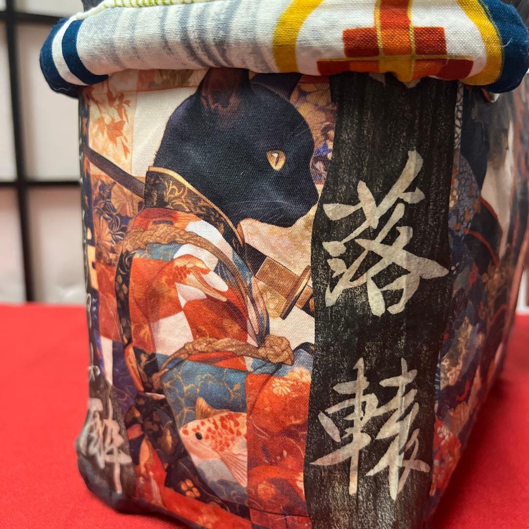 侍猫 一閑張り バッグ かごバッグ ハンドバッグ 和猫 和柄 武士 少し小さめ