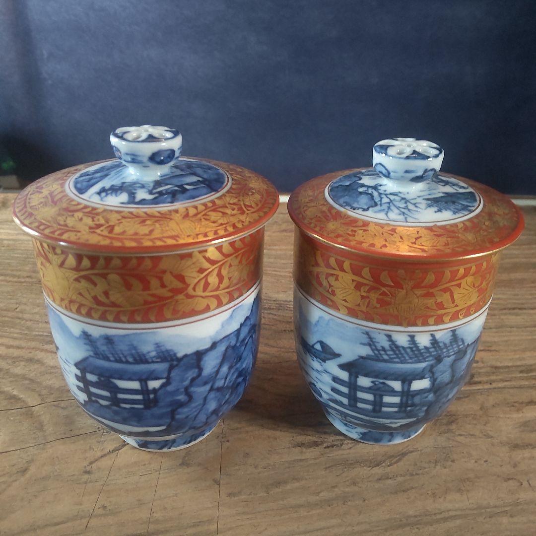 京焼 清水焼 金襴青華山夫婦茶碗　五座五重　2点セット