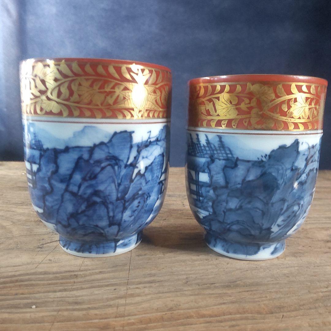 京焼 清水焼 金襴青華山夫婦茶碗　五座五重　2点セット