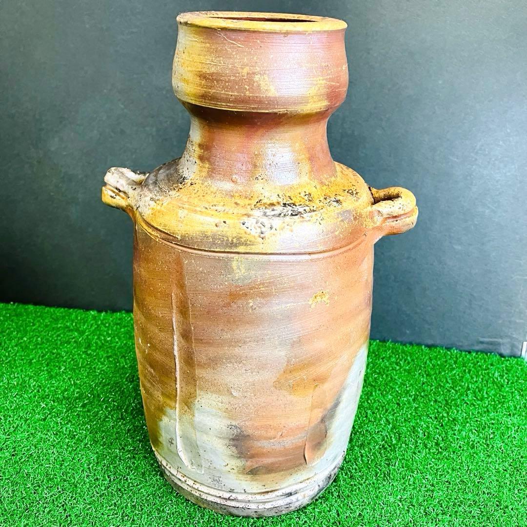 伝統工芸士 嶋幸博 備前焼 耳付花生 共箱 陶歴付き 登窯 骨董 焼き物 花瓶