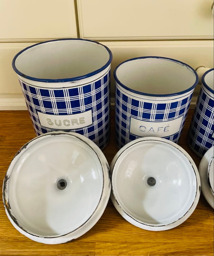 【青ぶー】フランス アンティーク BB社 ホーローキャニスター 5個セット