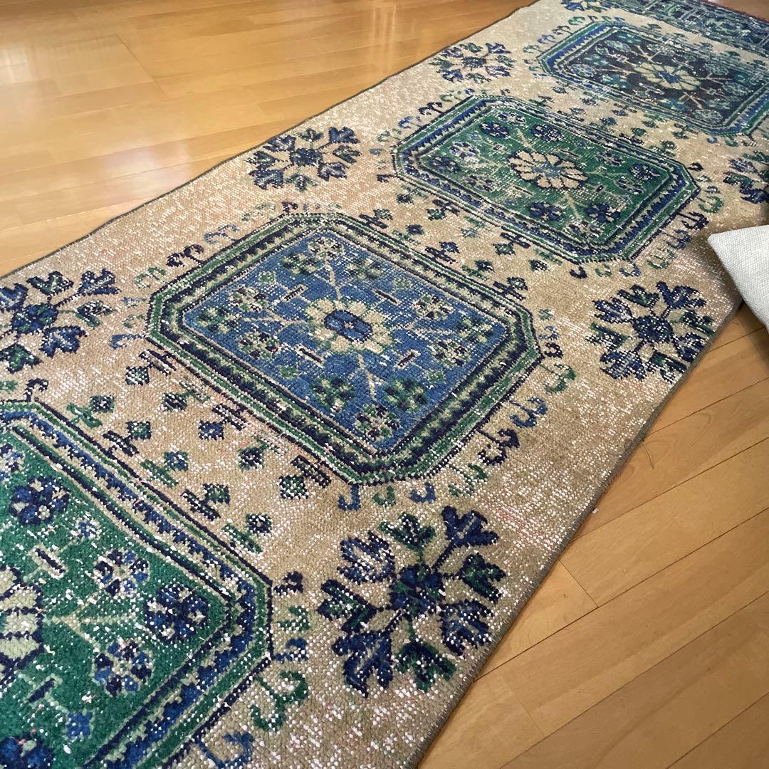 83×342 超ロング大判　ボタニカル　くすみイエロー　トルコヴィンテージラグ