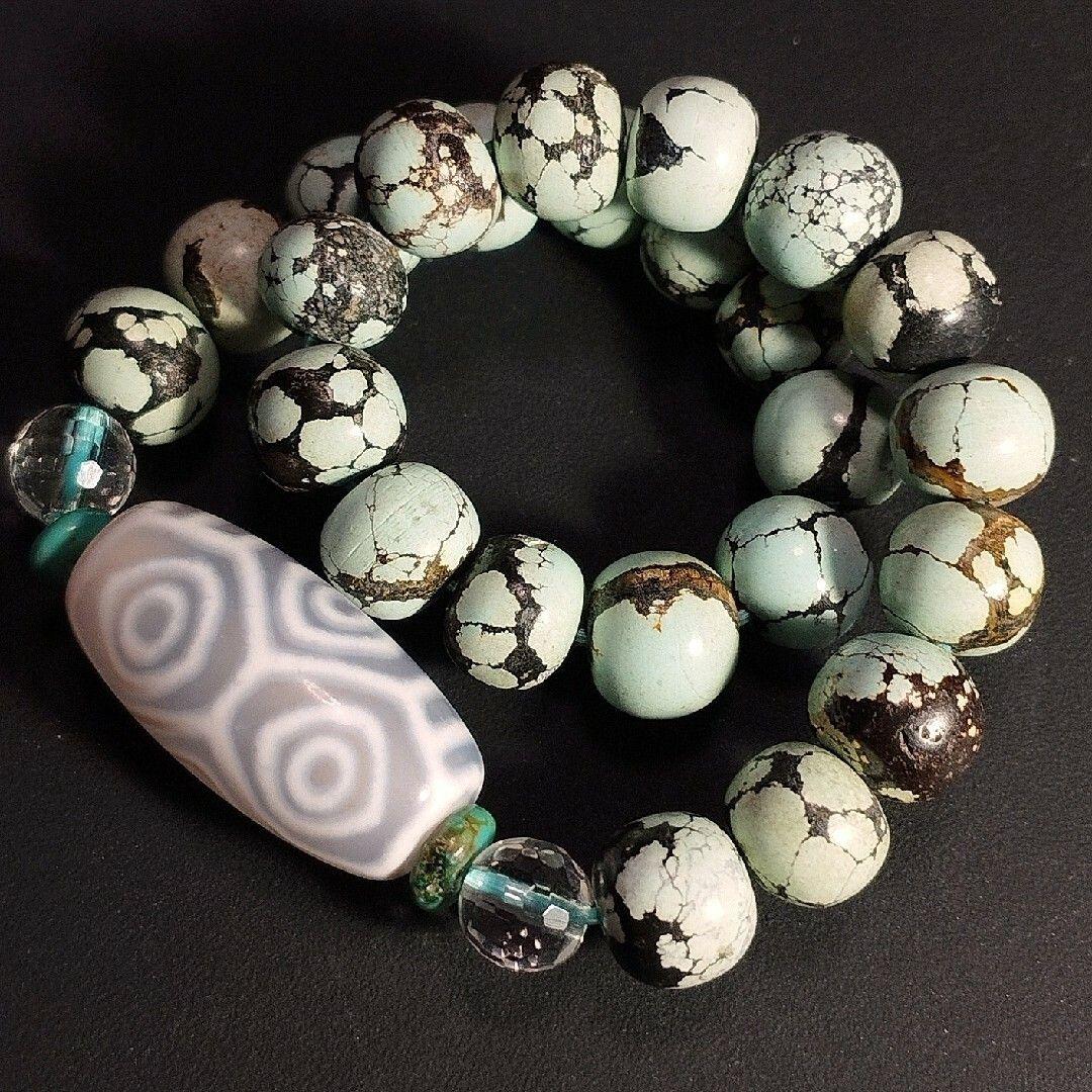 龍眼天珠・天然 ターコイズ・水晶 ブレスレット ジービーズ 龍六眼天珠 18