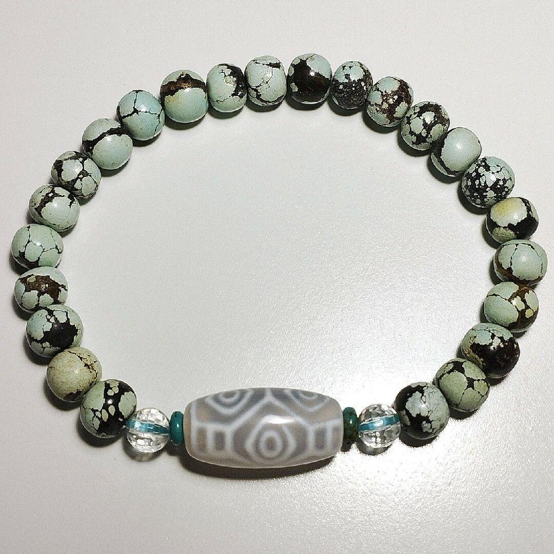 龍眼天珠・天然 ターコイズ・水晶 ブレスレット ジービーズ 龍六眼天珠 18