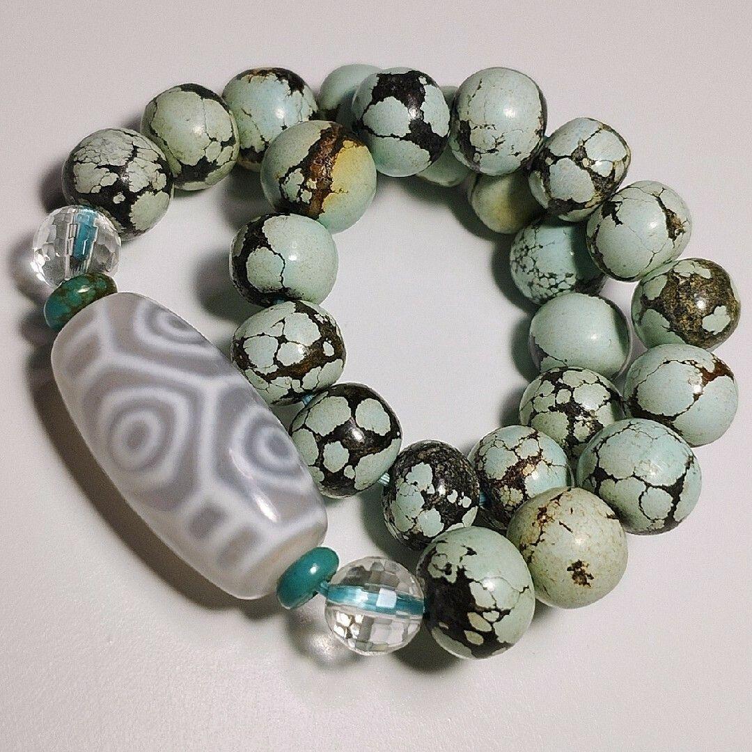 龍眼天珠・天然 ターコイズ・水晶 ブレスレット ジービーズ 龍六眼天珠 18
