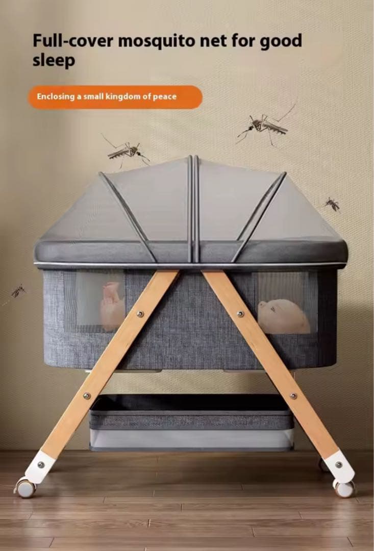 【ほぼ未使用】移動式ベビーベッド　折りたたみ　付属品：オムツ収納、蚊帳（未使用）
