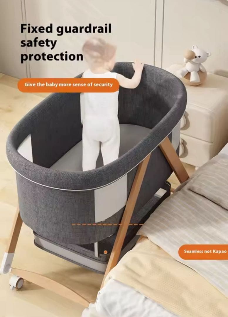 【ほぼ未使用】移動式ベビーベッド　折りたたみ　付属品：オムツ収納、蚊帳（未使用）