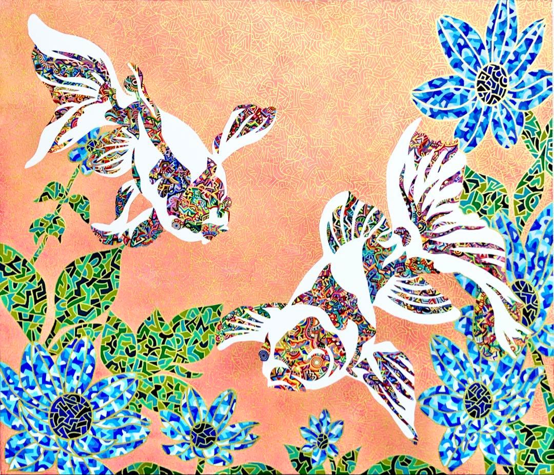 原画　金魚　動物画　絵画　アクリル画　現代アート　細密画　手描き　一点物