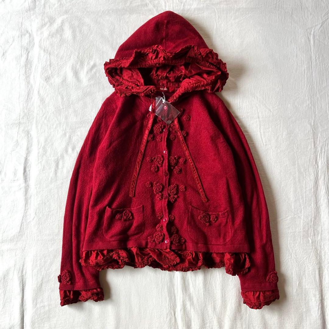 【新品】PINK HOUSE ジャケット ニット フーディ バラ 刺繍 レッド