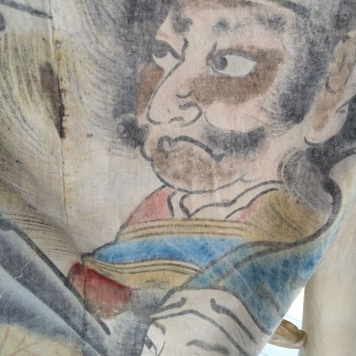 襤褸古布明治時代 のぼり旗手書き、珍品 家紋 襤褸古布藍染