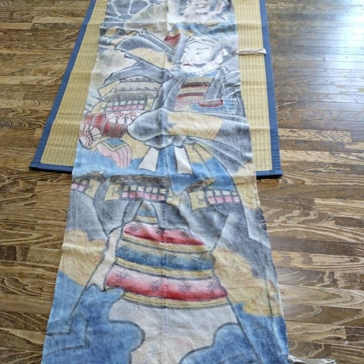 襤褸古布明治時代 のぼり旗手書き、珍品 家紋 襤褸古布藍染