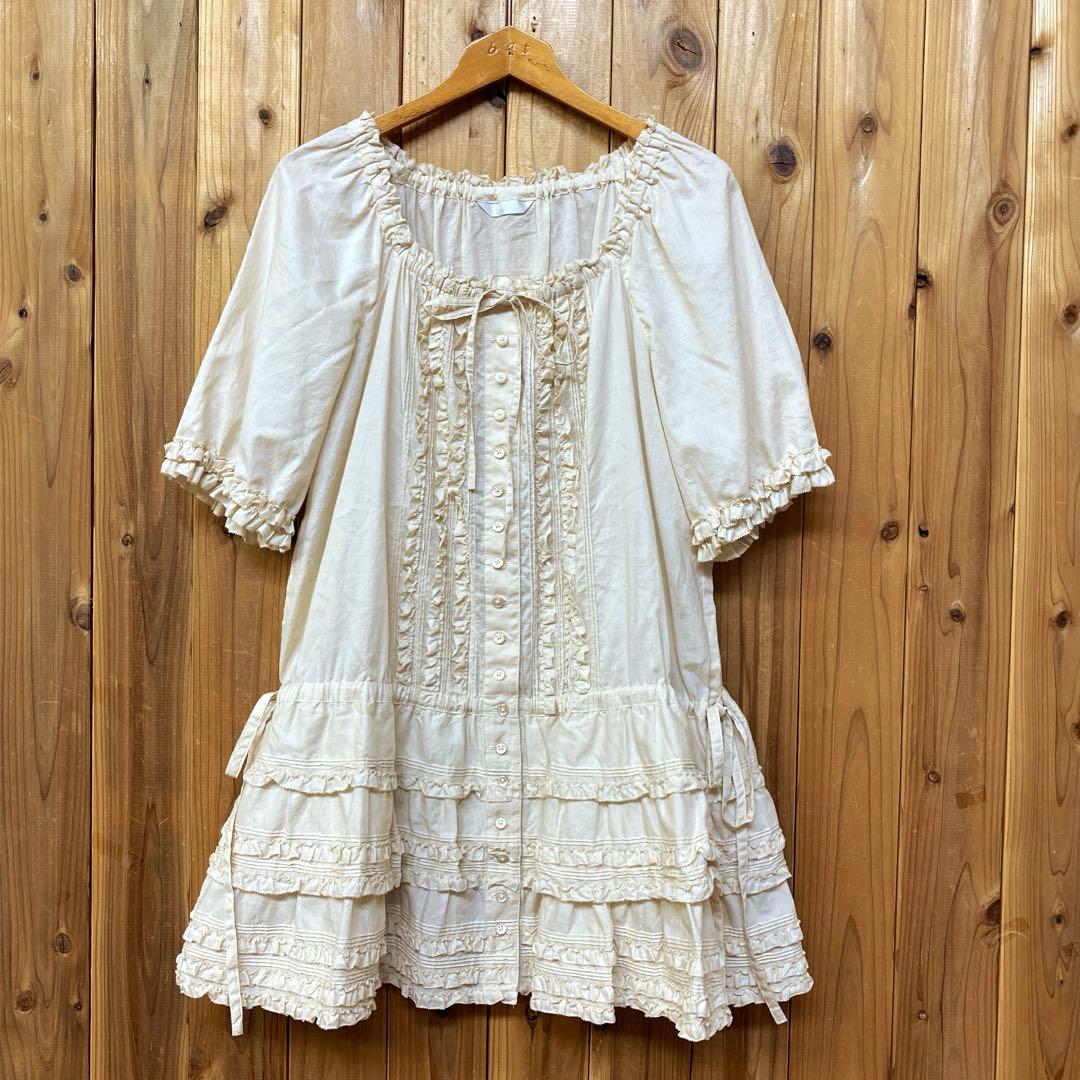 <極美品>ピンクハウス 綿ローン 半袖チュニックブラウス 生成り バニラ