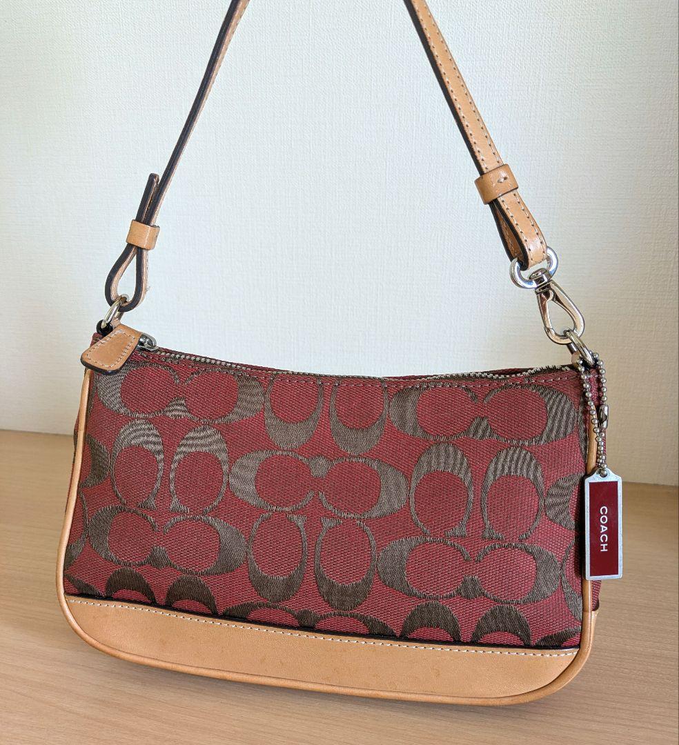 【美品】COACH アクセサリーポーチ ミニバッグ キャンバス レザー レッド