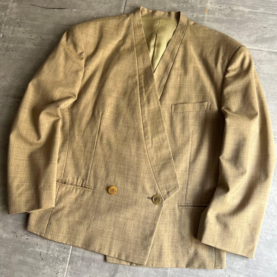 イッセイミヤケメン　アーカイブ　80s　筆タグ　ノーカラージャケット　ベージュ