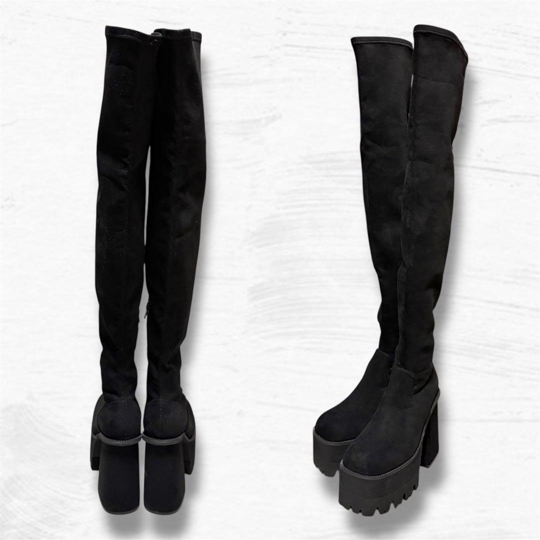 ほぼ新品EMODA スクエアフィット S ロングブーツ ニイハイブーツ 厚底 黒