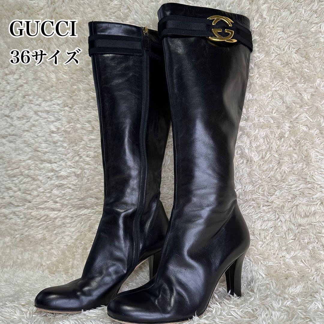 【美品】GUCCI ジョッキーブーツ G金具 インターロッキング 黒 23cm