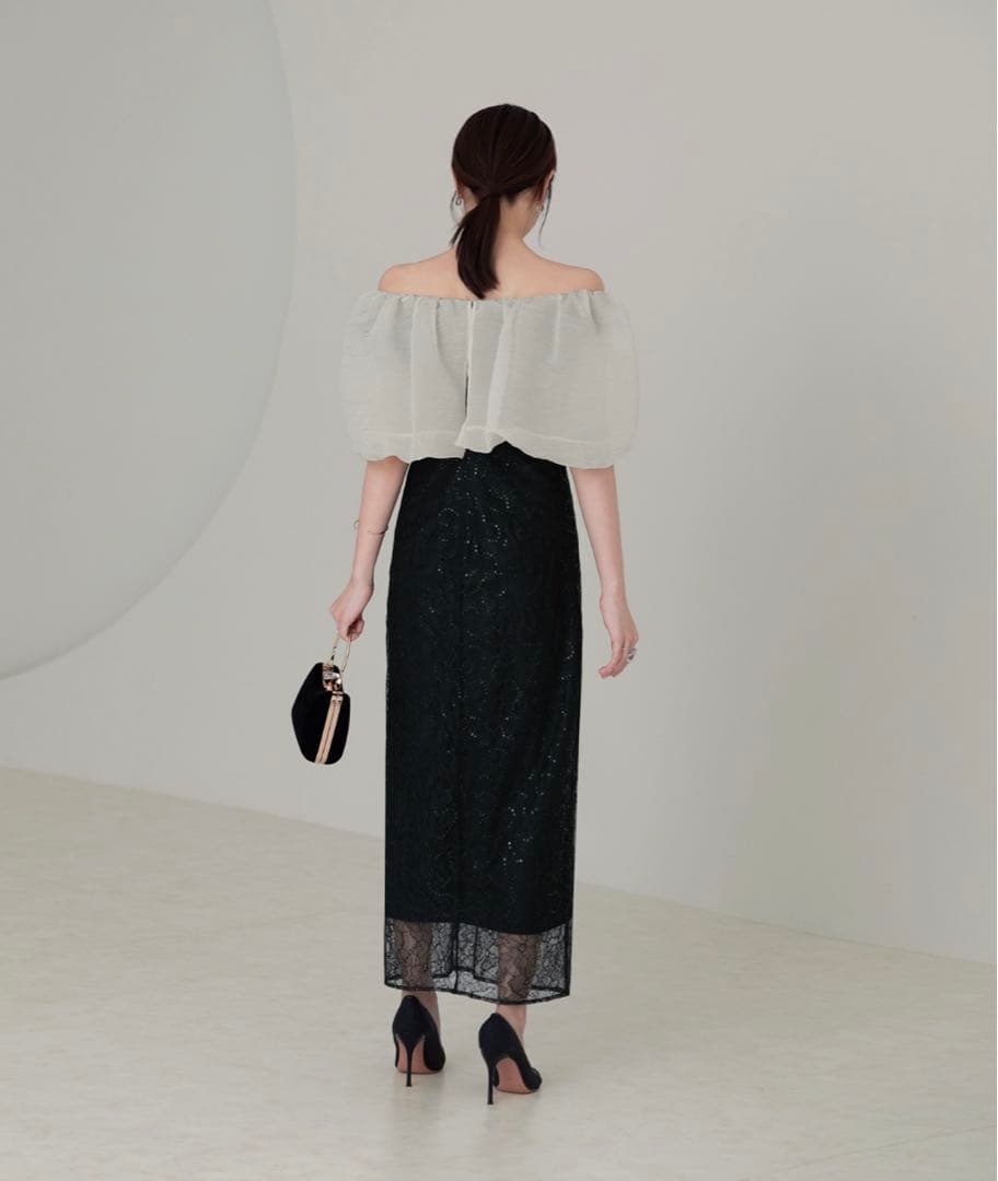 新品【LEJA】2WAYオフショルダーパフスリーブスリットIラインロングドレス