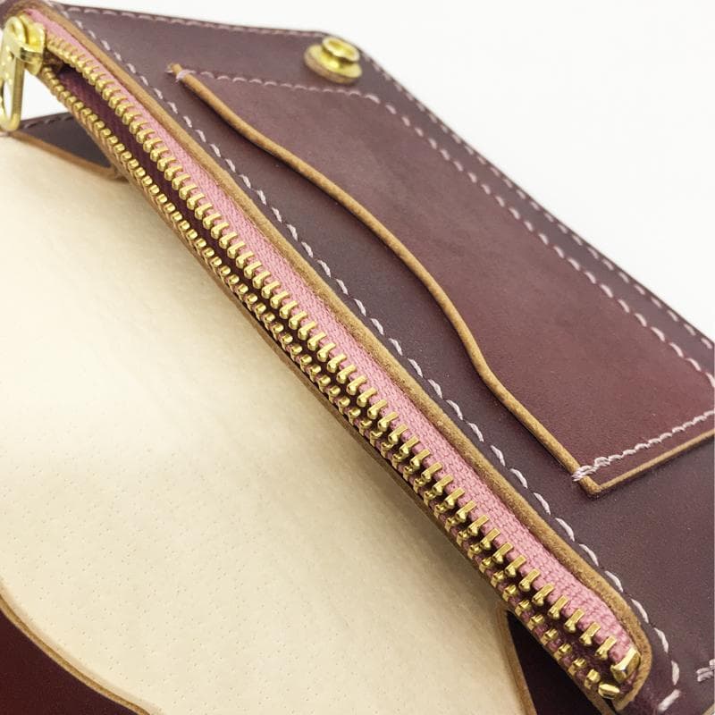 【本革】ミドルトラッカーウォレット 紫檀色 チェリーブラウン 真鍮 レザー