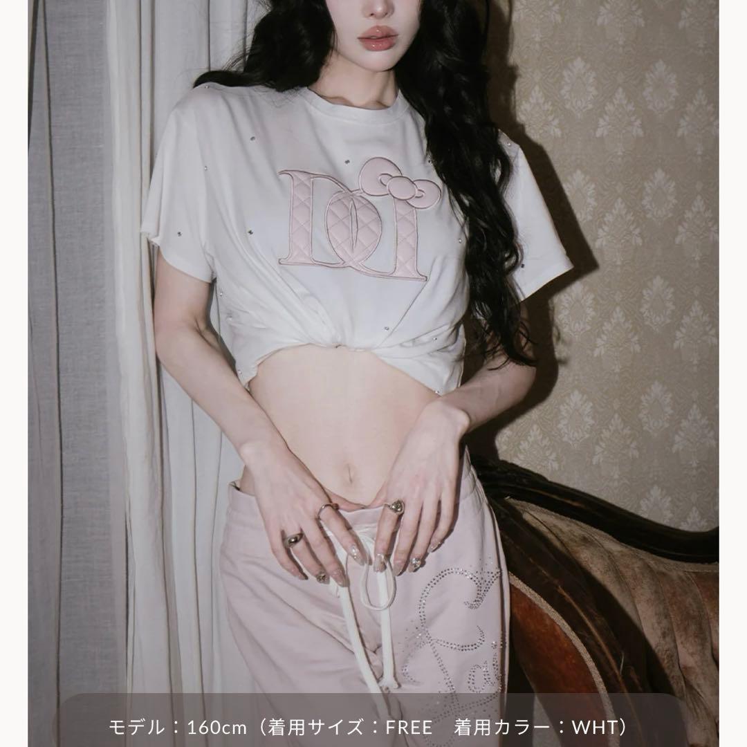 匿名発送Hello DarichキルティングアップリケビジューTシャツ WHT