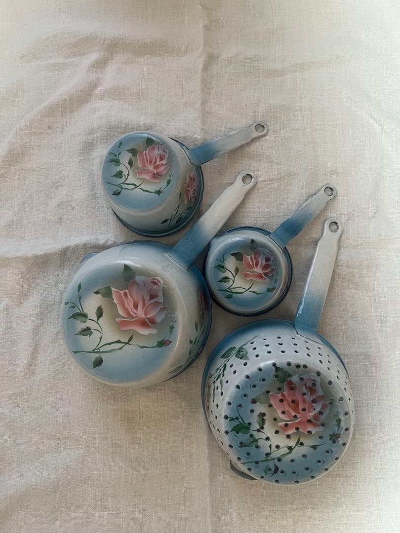 美品♡フランスアンティーク　ホーロー　薔薇　ウェディングセット　コランダー　鍋