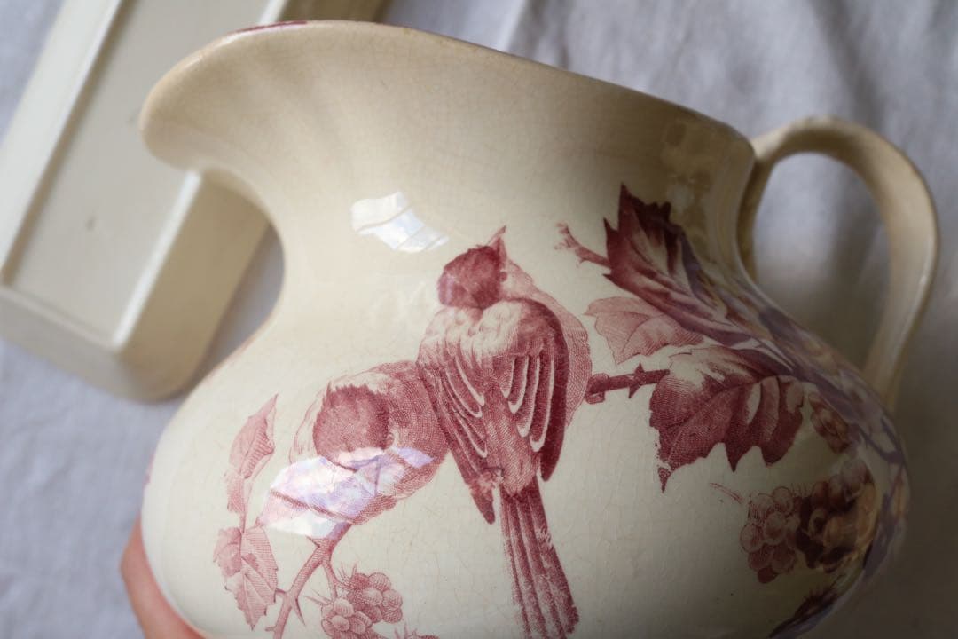 水差し　ピッチャー　ソープディッシュ　セット　小鳥　フランス　アンティーク　赤