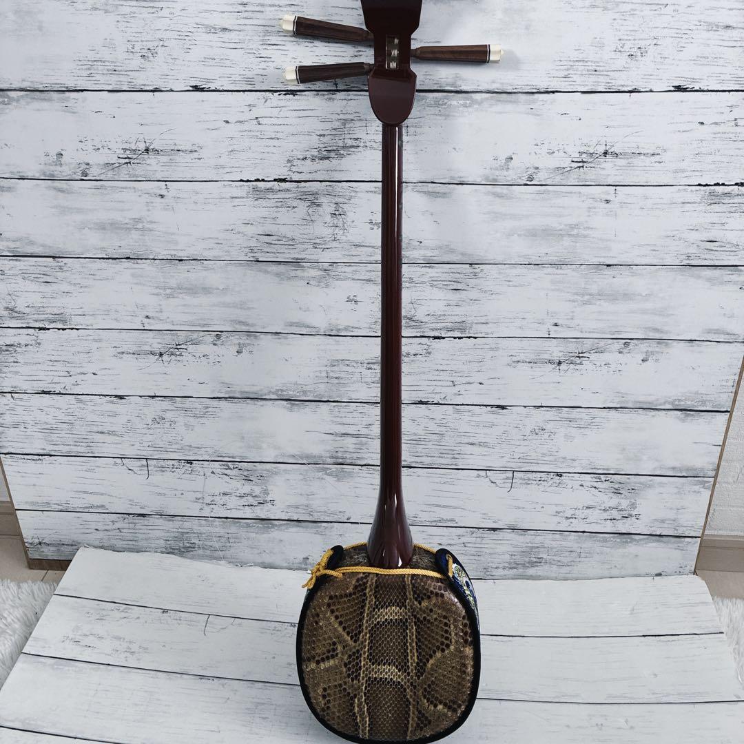 沖縄 三線 本皮 蛇皮 ヘビ皮 ドラゴン刺繍 ソフトケース付き